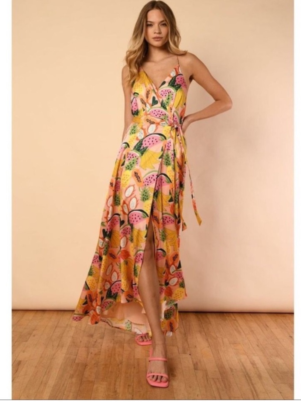 Anthropologie Hutch Tropical Fruit Slip Maxi Dress Racerback with Leg Slit M‎